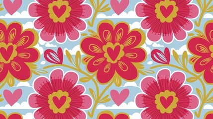 Obraz premium Colorful Floral Wrapping Paper Pattern with Hearts and Flowers