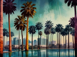 Obraz premium Pop Art Skyline with Palm Trees in Watercolor