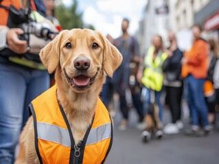 Happy labrador retriever wearing safety vest joins community event to promote animal welfare and safety awareness