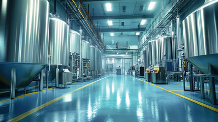 Fototapeta premium Workers inside a modern milk packaging plant with stainless steel equipment and bright lighting on a blue-green floor