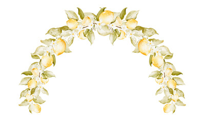 Lemon Watercolor border Wreath, arch with leaves on isolated background. Watercolor Drawing of Frame for wedding greeting cards or invitations. Botanical decoration for holiday and Event Invitations.
