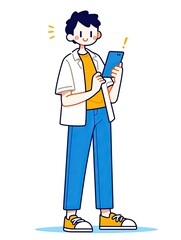 Fototapeta premium Cute Icon of a Young Man Using a Mobile Phone, Cartoon Stick Figure Style with Thick Line Stroke, Minimalist Design on White Background