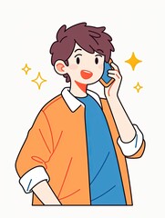 Fototapeta premium Cute Icon of a Young Man Using a Mobile Phone, Cartoon Stick Figure Style with Thick Line Stroke, Minimalist Design on White Background