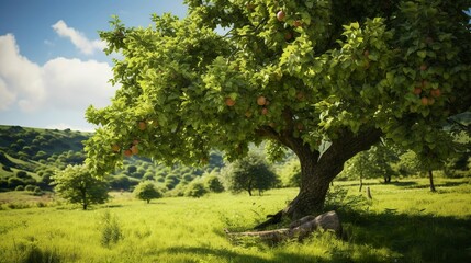 A photo of a lush apple tree