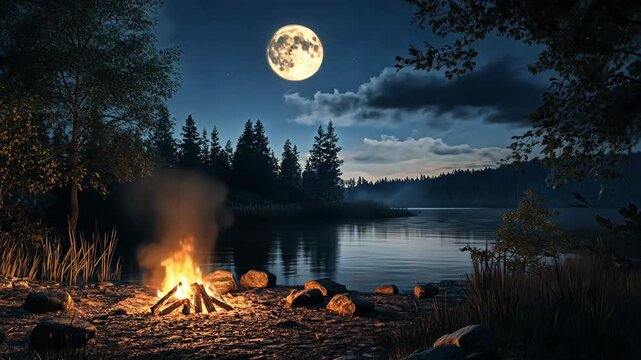 A campfire burns brightly on the shore of a lake under a full moon