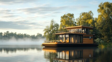 Obraz premium Modern Houseboat on a Misty Lake