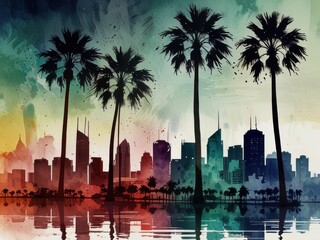 Obraz premium Pop Art Skyline with Palm Trees in Watercolor