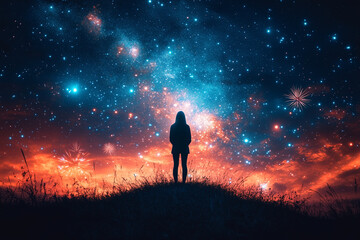 Fototapeta premium Silhouette of a person on a hill, gazing at a star-filled sky with fireworks in the distance, in a reflective, peaceful style