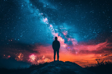 Fototapeta premium Silhouette of a person on a hill, gazing at a star-filled sky with fireworks in the distance, in a reflective, peaceful style