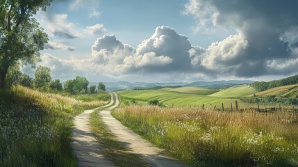 A long pathway extends through the landscape, guiding the viewers gaze towards the open field or hill in the distance, with ample space for creative design elements.