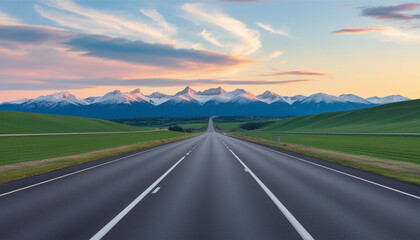 Fototapeta premium Scenic Empty Highway Leading to Majestic Mountains with Serene Sunset Sky
