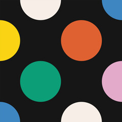 Seamless polka dot pattern with colorful circles on black background. Geometric vector design in modern style. High quality illustration with retro aesthetic