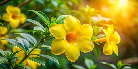 Fototapeta premium Stunning Allamanda cathartica, the golden trumpet flower, blossoms brilliantly.