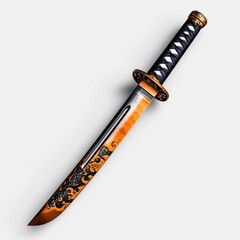 A photostock of a traditional Japanese katana sword with a wooden sheath, ideal for martial arts or cultural themes, isolated on transparent PNG background, High Quality
