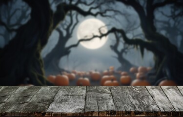 Empty wooden table and scary Halloween background.