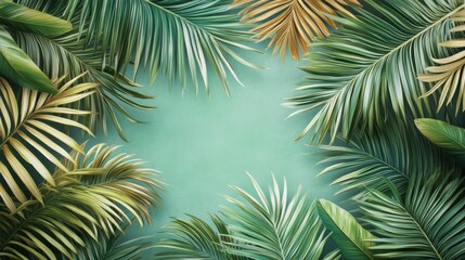 A vibrant arrangement of tropical palm leaves creates a lush, green frame against a soft aqua background.