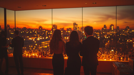 New Year’s Eve countdown party in a modern apartment with city views, people in chic outfits, in a sophisticated, urban style