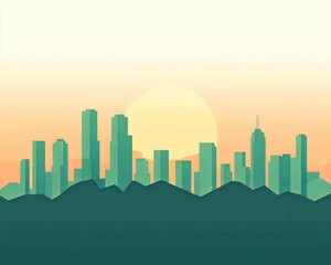 Obraz premium Stylized city skyline against a sunset gradient background.