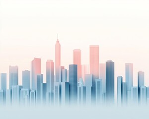 Obraz premium Modern skyline silhouette with pastel hues at dawn against a soft sky.