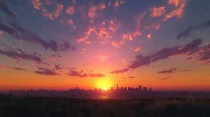 A stunning sunset over a city skyline, with vibrant orange and pink hues illuminating the clouds and water.