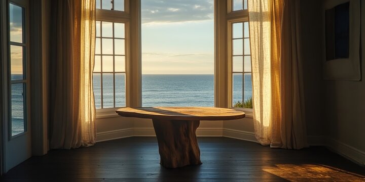 Fototapeta In a well lit room, a pedestal supports a wooden table, while a stunning view of the ocean can be seen through the window, enhancing the ambiance.
