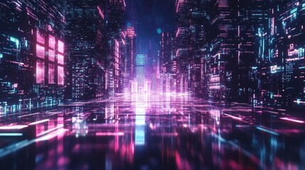 Fototapeta premium Futuristic Cityscape with Neon Lights and Digital Elements Creating a Dynamic and Technologically Advanced Urban Environment at Night