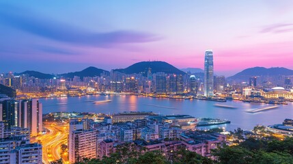Obraz premium Stunning Twilight View of Hong Kong Skyline with City Lights Reflecting on Water and Lush Green Hills in the Background Captured from a Scenic Overlook
