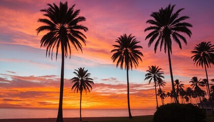 palm trees stand tall against a vibrant orange and pink sunset sky, with the sun dipping below the horizon