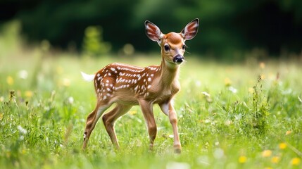 Fototapeta premium Young Cervus Elaphus calf moving through a lush green meadow on a sunny summer day, captured in wildlife photography. A beautiful representation of a young deer in its natural habitat.