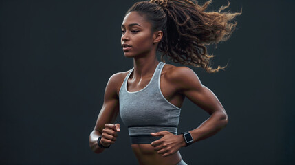 Young African American female athlete running outdoors in grey sportswear with natural curly hair flowing, wearing smartwatch and fitness tracker, displaying strength and determination
