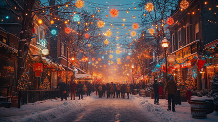 New Year Street Party in a Vibrant Neighborhood with Dancing, Fireworks, and Festive Lights