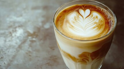 Latte art is poured into a clear glass, capturing the rich texture and color of the latte. The clear glass allows for a beautiful display of the lattes creamy layers with ample copy space.