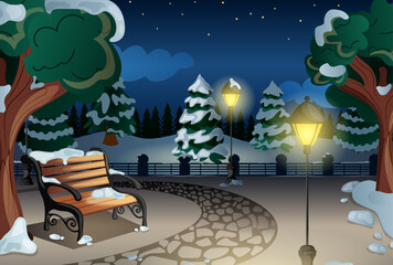 Naklejka premium Snowy Winter Park with Bench, Trees and Street Lamps at Night. Cartoon Outdoor Background Vector Illustration