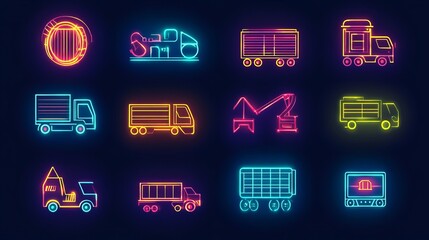 A set of neon icons representing supply chain management, featuring logistics and delivery themes. The icons have glowing lines on a dark background, illustrating transportation, inventory, warehouses