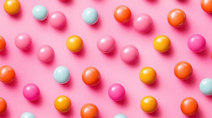 Colorful round balls in vibrant pastel hues scattered across a pink background, creating a playful and cheerful scene.