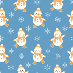 Christmas seamless pattern with a snowman in a hat, scarf and snowflakes. Cute snowman ice skating. Vector winter New Year background. Perfect for textiles, wallpaper or holiday design.