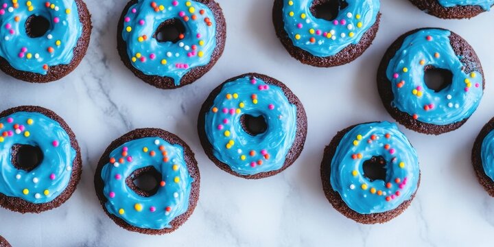 Delicious chocolate donuts topped with vibrant blue icing and an array of colorful sprinkles make for an irresistible sweet indulgence and delightful treat.
