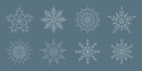 Set of Snowflakes isolated on background. Merry Christmas and Happy New Year icon collection. Hand draw vector elements. Fairytale snowflakes in line art style. Snowflake one single stroke line