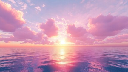 Fototapeta premium A serene sunset over calm waters, featuring soft pink and orange hues blending in the sky and reflected on the sea.