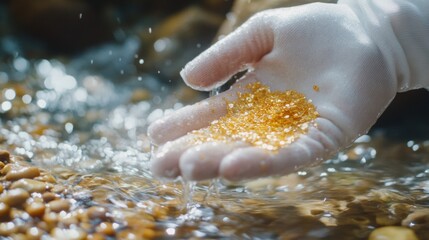 A white-gloved hand holds small gold nuggets in a river, representing mining. The close-up shows glistening particles with softly blurred water and rocks in the background

