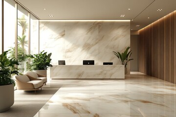 Modern Lobby with Marble Reception Desk and Wooden Wall