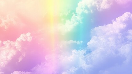 A vibrant gradient sky with pastel colors and fluffy clouds, creating a serene and magical atmosphere.