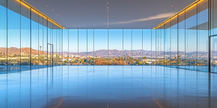 Empty Room with Panoramic Mountain View through Glass Walls