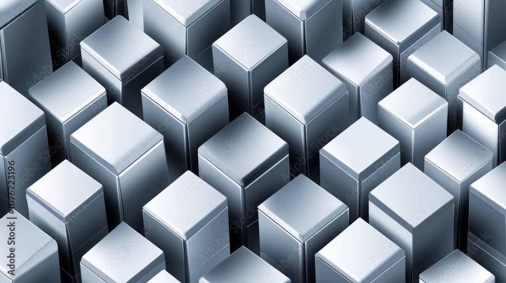 Poster an abstract view of metallic silver boxes arranged in a grid pattern, creating a modern and industri
