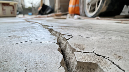 Fototapeta premium Close-up of a cracked concrete floor in a garage with visible car tire and construction materials in the background.
