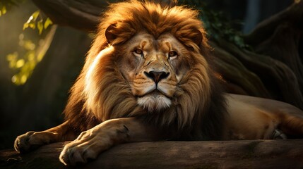 Fototapeta premium A photo of a majestic lion resting