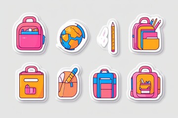 2408_080.Set of School stickers. Colorful badges with books. globe. backpack. rulers. pencil and other school supplies. Design elements for printing. Cartoon flat vector collection isolated on gray