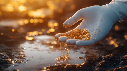 Gloved hand with small gold nuggets above a river stream, symbolizing mining. The close-up shows shimmering gold particles on a white glove, with blurred rocks and water behind

