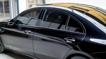 Fototapeta premium Side view of car window tint, ceramic film provides heat rejection and UV protection with stable color, car film installed on the glass surface of the , selected focus car tinting service