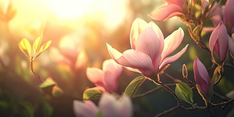 A blooming magnolia tree is present in the garden, surrounded by a softly blurred background that is brightened by sunlight, enhancing its beauty and charm.